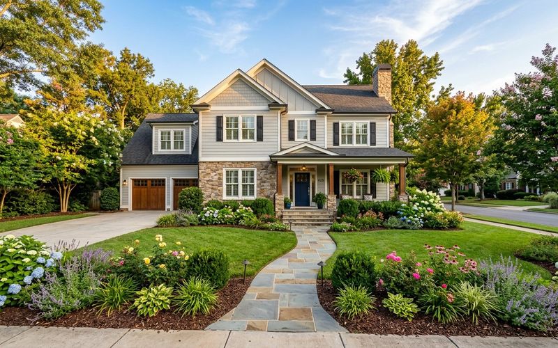 Renovated home exterior with landscaped garden and stone walkway